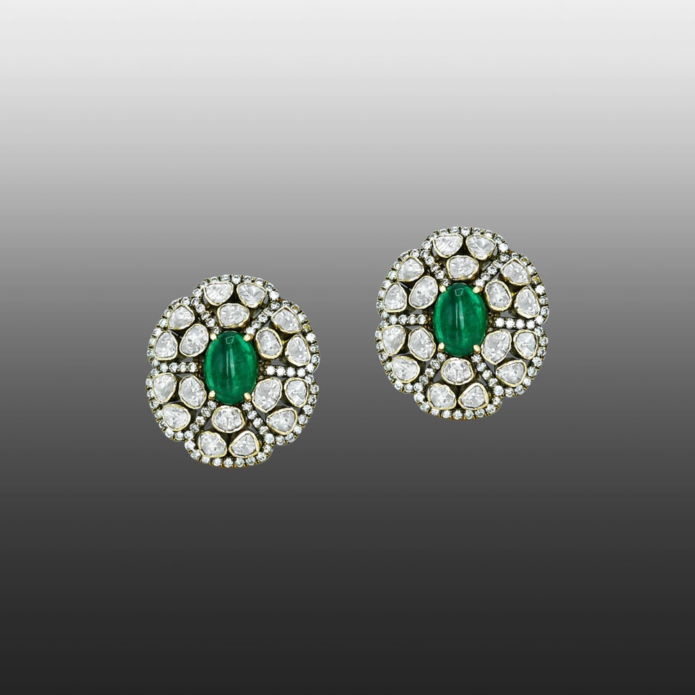 Emerald-Centered Polki Stud Antique Earrings with Floral Diamond Halo